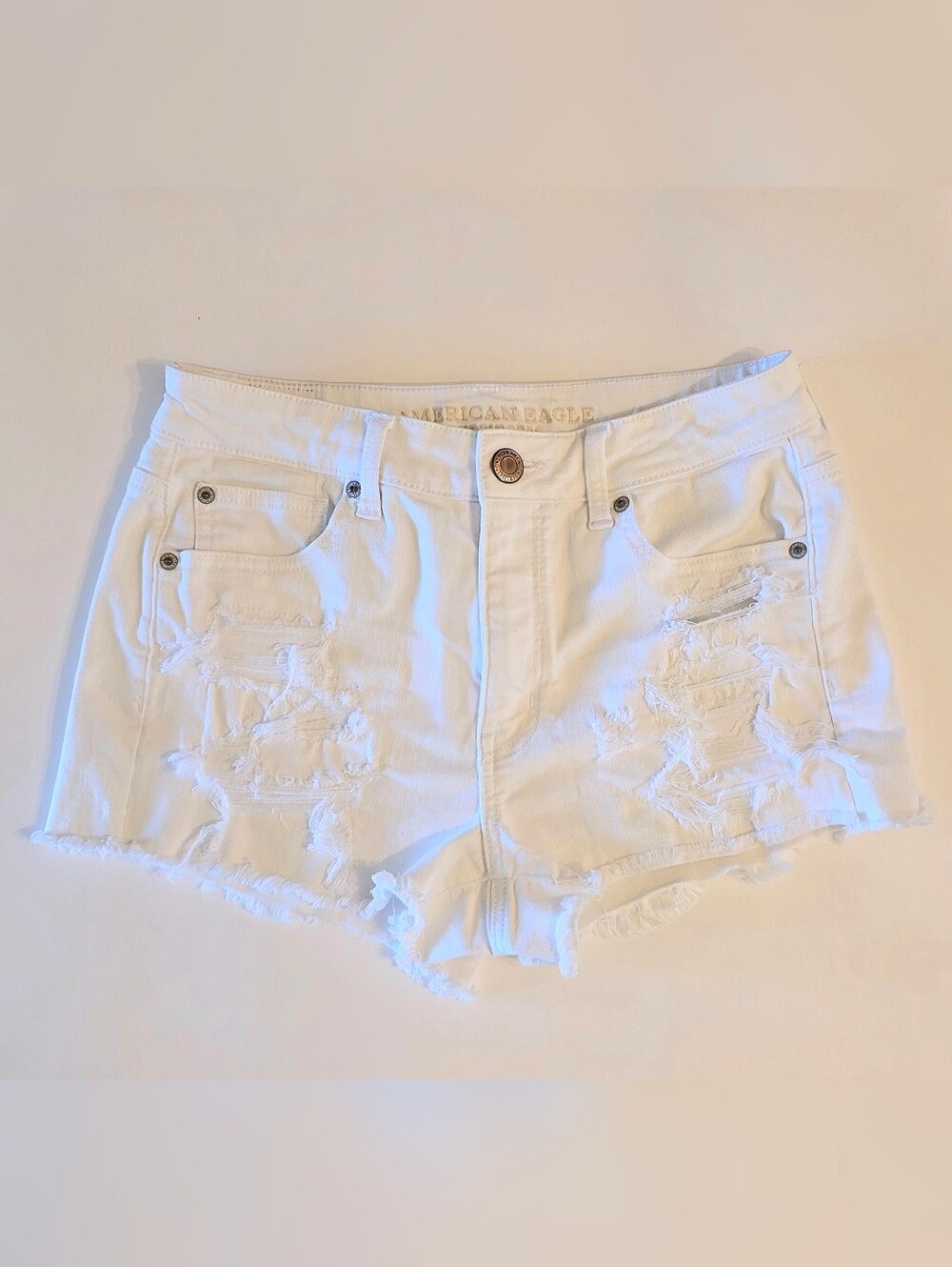 American Eagle Hi-Rise Shorty Shorts Sz 10 White Factory Destroyed Stretch EUC